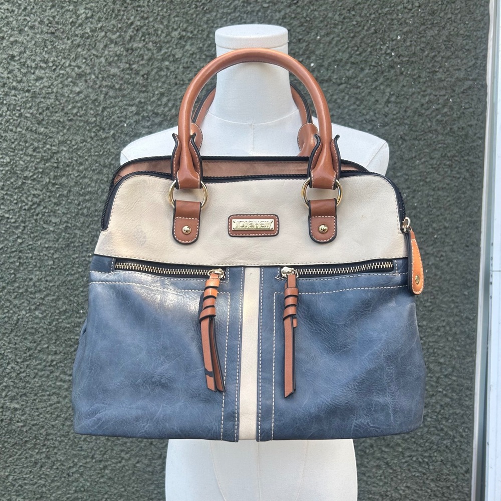 Jose Hess‎ Satchel y2k Handbag Blue Cream Tan Colorblock Multi Pocket Zip Tassel